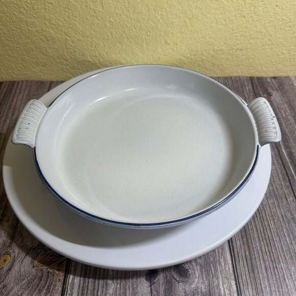 Vintage DRU Holland Blue Tulips Enameled Round Baking Dish Rare #25 w2 Handles - Picture 2 of 9